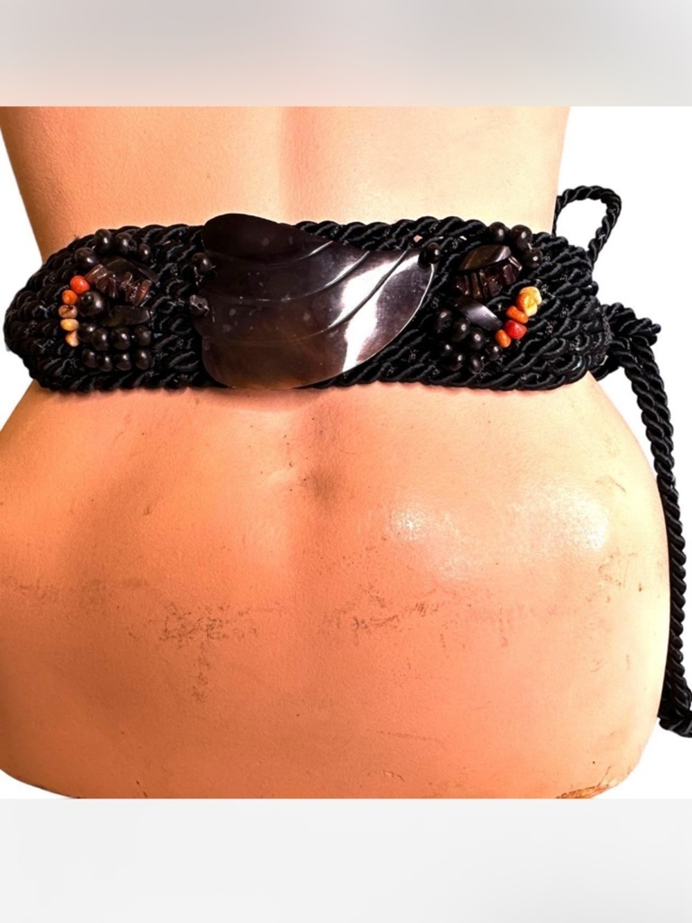 Vintage Wood Beaded and Carved Shell Cummerbund Rope Belt